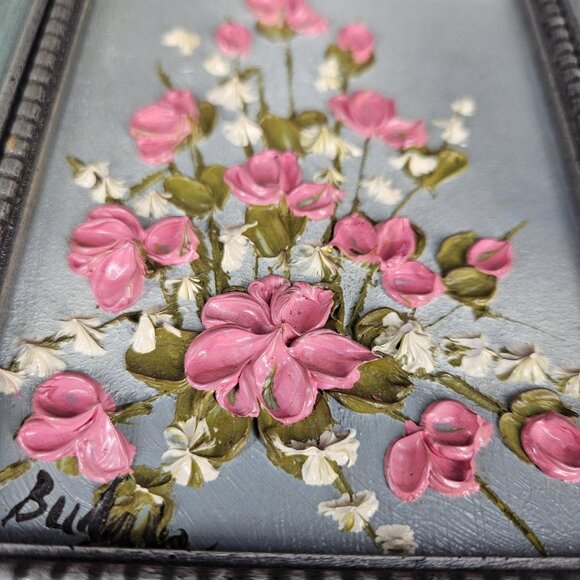 Vintage Budnik Floral Oil Painting Pink Flowers Original Signed Framed Art 7x8in - Picture 2 of 11